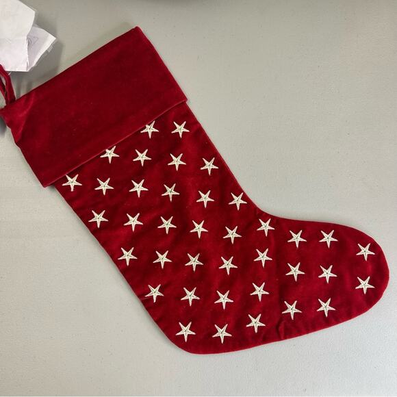 Pottery Barn Red Velvet Christmas Stocking Metallic Sewn White Stars Patriotic - Picture 1 of 4